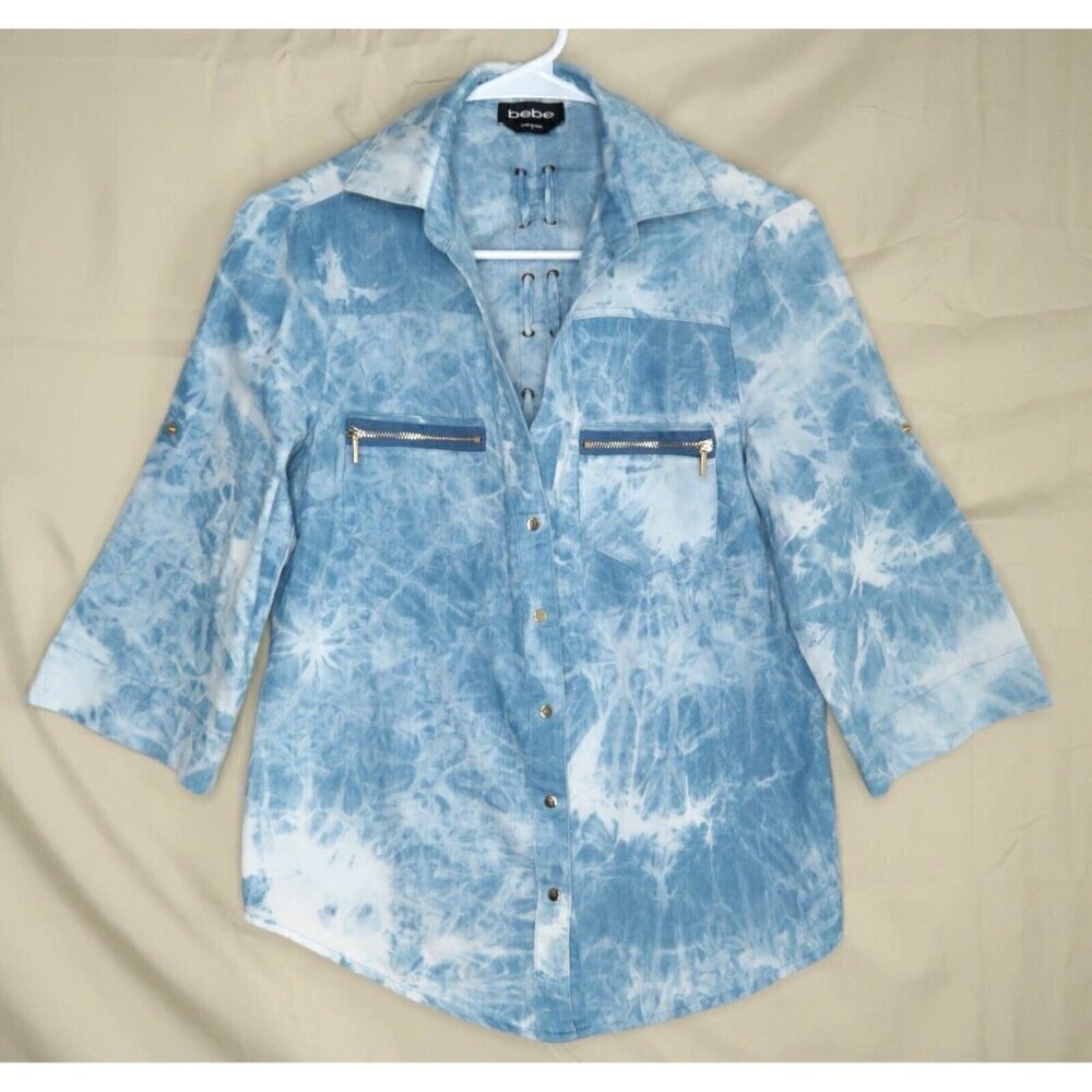 Bebe Emma Tie Dye Button Down Top Blue White Ribbon Lace Back Shirt Womens Small